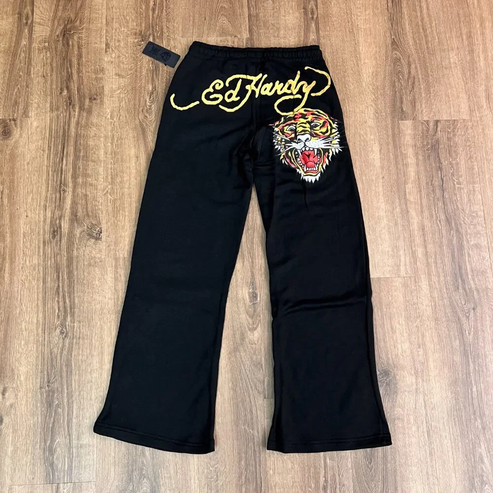 NEW Ed Hardy Tiger Tattoo Wide Leg Black Jogger Sweatpants Y2K - Picture 4 of 12